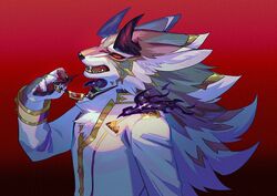  2023 4_fingers anthro bael_(tas) canid canine canis clothing demon fingers fur horn jackal lifewonders looking_at_viewer male mammal open_mouth red_eyes solo striped_body striped_fur stripes tokyo_afterschool_summoners tuft uya_kyo white_body white_clothing white_fur 