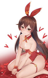  7t absurdres amber_(genshin_impact) animal_ears bare_legs blush breasts brown_eyes brown_hair chinese_commentary cleavage closed_mouth commentary_request covered_navel crossed_bangs detached_collar female genshin_impact hair_ribbon highleg highleg_leotard highres leotard long_hair looking_at_viewer medium_breasts playboy_bunny rabbit_ears rabbit_tail red_leotard red_ribbon ribbon sitting smile solo strapless strapless_leotard tail wariza wrist_cuffs 