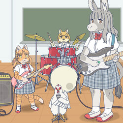  1:1 ambiguous_gender anthro asinus avian bass_guitar bird canid canine canis chicken clothed clothing domestic_cat domestic_dog donkey drum drum_set drumming_stick ekaki510 electric_guitar electronics equid equine felid feline felis female fender_musical_instruments_corporation galliform gallus_(genus) group guitar kemono mammal microphone musical_instrument percussion_instrument percussion_mallet phasianid plucked_string_instrument precision_bass stratocaster string_instrument 