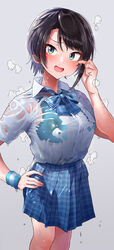  absurdres aogami_high_school_uniform aqua_eyes black_hair blue_sports_bra blush breasts collared_shirt commentary dripping female highres hololive kilesha large_breasts looking_at_viewer neckerchief official_alternate_costume oozora_subaru open_mouth pleated_skirt school_uniform see-through see-through_shirt shirt short_hair skirt solo sports_bra steam swept_bangs virtual_youtuber wet wet_clothes wristband 