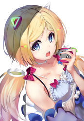  aki_rosenthal aki_rosenthal_(sleepwear) bare_shoulders blonde_hair blue_eyes blue_nails bob_cut breasts cleavage collarbone commentary_request creature detached_hair female fuenyuan hair_ornament headgear holding hololive long_hair looking_at_viewer low_twintails nail_polish official_alternate_costume open_mouth parted_bangs rosen-tai short_hair solo_focus teeth twintails upper_teeth_only virtual_youtuber white_background 