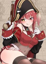  antique_firearm ass bare_shoulders bicorne black_thighhighs blunderbuss breasts cleavage commentary_request covered_navel female firelock flintlock gloves gun handgun hat heterochromia highres hololive houshou_marine houshou_marine_(1st_costume) jewelry karuvo large_breasts leaning_to_the_side long_hair map map_background midriff miniskirt panties panty_peek pendant pirate pirate_hat red_eyes red_hair red_skirt see-through see-through_cleavage sitting skirt smile solo thighhighs tongue tongue_out twintails underwear virtual_youtuber weapon white_gloves yellow_eyes zettai_ryouiki 