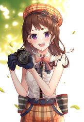  :d back_bow bang_dream! bare_shoulders beret black_gloves blush bow bowtie breasts brown_hair brown_hat camera canon_(company) center_frills collared_shirt cowboy_shot earrings english_commentary falling_leaves female frills gloves hair_down hair_ornament half_gloves hat hat_bow highres holding holding_camera jewelry leaf long_hair looking_at_viewer medium_breasts open_mouth plaid plaid_headwear plaid_skirt purple_eyes reflection shirt sidelocks skirt sleeveless sleeveless_shirt smile solo ssalgolae standing teeth toyama_kasumi upper_teeth_only white_shirt 