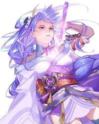  armor bangs braid breasts cleavage closed_mouth female flower genshin_impact hair_flower hair_ornament highres japanese_clothes kimono large_breasts long_hair lyoo_(cacj5482) mole mole_under_eye purple_eyes purple_flower purple_hair raiden_(genshin_impact) ribbon sash shoulder_armor solo sword tassel twitter_username vision_(genshin_impact) weapon white_background 