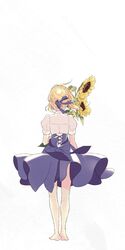  87banana ahoge alternate_costume artoria_pendragon_(fate) barefoot blonde_hair blue_ribbon braid braided_bun casual clothes_lift corset cross-laced_clothes dress dress_lift facing_away fate/stay_night fate_(series) female floating_hair flower from_behind full_body hair_bun hair_ribbon highres holding holding_flower puffy_short_sleeves puffy_sleeves ribbon saber_(fate) shirt short_sleeves simple_background skirt skirt_lift solo standing sunflower walking white_background white_shirt wind wind_lift 