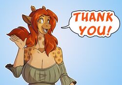  2019 5_fingers anthro big_breasts blue_background breasts cleavage clothed clothing conditional_dnp dialogue digital_media_(artwork) ear_piercing ear_ring english_text female fingers fur giraffe giraffid hair horn huge_breasts kadath long_hair long_neck mammal markings ossicone piercing puzzle_(kadath) red_hair ring_piercing shaded simple_background smile solo speech_bubble spots spotted_body spotted_fur text topwear waving_hand yellow_body yellow_eyes yellow_fur 