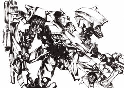  armored_core bad_id bad_pixiv_id calligraphy_brush_(medium) kawanakajima mecha no_humans paintbrush pen robot solo traditional_media 