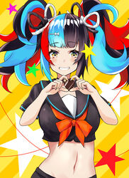  absurdres black_hair blue_hair bow candy chocolate crop_top fate/grand_order fate_(series) female food grin hair_ornament hair_ribbon hairclip heart heart-shaped_chocolate heart-shaped_pupils heart_hands highres looking_at_viewer multicolored_eyes multicolored_hair navel red_hair ribbon saku_(kudrove) sei_shounagon_(fate) skirt smile solo star_(symbol) symbol-shaped_pupils twintails upper_body yellow_eyes 