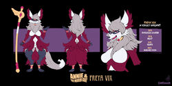  2022 annie_and_the_mirror_goat anthro black_body black_fur breasts canid canine catcouch choker english_text facial_markings fakemon female fox freya_vix fur fur_cloak fur_clothing genitals gold_(metal) gold_jewelry grey_body grey_fur head_markings jewelry leg_markings mammal markings maroon_fur mask_(marking) model_sheet necklace paws red_eyes socks_(marking) solo text vixult white_body white_fur wildmons_(catcouch) 