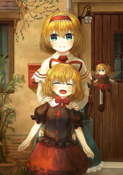  2girls absurdres alice_margatroid aqua_eyes behind_another black_shirt blonde_hair blue_dress blush bow bowtie capelet closed_eyes commentary cowboy_shot day dress ekaapetto english_commentary facing_viewer hair_ribbon hairband hands_on_another&#039;s_shoulders highres ivy leaning_to_the_side light_smile lolita_hairband looking_at_viewer mailbox_(incoming_mail) medicine_melancholy multiple_girls open_mouth outdoors petticoat photoshop_(medium) puffy_short_sleeves puffy_sleeves red_bow red_bowtie red_skirt ribbon sconce shirt short_hair short_sleeves skirt stucco su-san touhou white_capelet white_sleeves window wings wooden_door 