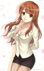  arm_behind_back artist_name asahina_mikuru_(adult) black_skirt breasts brown_eyes brown_hair cleavage closed_mouth female finger_to_mouth highres large_breasts long_hair long_sleeves looking_at_viewer mole mole_on_breast pencil_skirt setu_kurokawa shirt skirt smile solo suzumiya_haruhi_no_yuuutsu twitter_username watermark white_shirt 