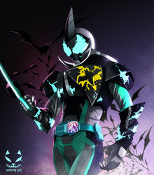  1boy armor bat_(animal) bat_genome black_armor boots dark_foreground driver_(kamen_rider) evilblade flying gloves horns kamen_rider kamen_rider_evil kamen_rider_revice male_focus moon nature night night_sky rider_belt shadow_cat_(yingmiao) silver_gloves single_horn sky splatter splatter_print standing sword tokusatsu two_sidriver villain_pose weapon 