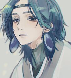  1boy black_eyes blue_hair chinese_clothes chromatic_aberration earrings grey_background jewelry lanxi_zhen laojun_(the_legend_of_luoxiaohei) long_hair looking_at_viewer luo_xiaohei_zhanji male_focus parted_lips portrait robe simple_background smile solatky solo 