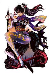  black_hair bodysuit clenched_hand commentary_request earrings facial_mark fake_tail female floral_print fox_mask fox_tail full_body highres holding holding_sword holding_weapon jbstyle jewelry kunimitsu_ii long_hair mask mask_on_head mole mole_under_mouth multiple_tails ninja ninjatou obi official_art ponytail print_scarf purple_eyes purple_hair purple_scarf reverse_grip sash scarf short_sword solo sword tail tekken tekken_7 weapon whisker_markings 