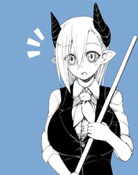  :o absurdres black_horns black_sclera blue_background colored_sclera demon_horns female highres horns irasrgsmk limited_palette looking_at_viewer musuko_ga_kawaikute_shikatanai_mazoku_no_hahaoya overshirt pointy_ears short_hair sleeves_rolled_up surprised teresa_(mazohaha) white_eyes white_hair 