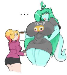  2023 anthro ass bulging_smiley_shirt_meme clothed clothing container cup digital_media_(artwork) duo ellipsis emoji_clothing fairyfud female fingers flustered_face_emoji green_hair hair hi_res holding_object human long_hair mammal mug rose_(fairyfud) scalie simple_background text text_on_clothing tongue tongue_out white_background 