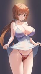  absurdres blush breasts brown_eyes brown_hair clothes_lift collarbone dress dress_lift female highres large_breasts long_hair looking_to_the_side lovehaejo original panties ponytail red_panties simple_background solo thighs underwear white_dress 