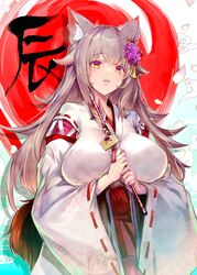  animal_ear_fluff animal_ears breasts brown_eyes female flower hair_flaps hair_flower hair_ornament hakama hakama_skirt highres japanese_clothes kashi kimono large_breasts long_hair long_sleeves miko original red_skirt skirt solo standing white_kimono wide_sleeves 