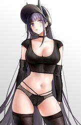  absurdres ass_visible_through_thighs azur_lane black_choker black_hair black_panties black_sleeves black_thighhighs breasts cameltoe choker cl_(summer_sama) cleavage commentary_request cowboy_shot crop_top female grey_background hat highres large_breasts long_hair navel noshiro_(azur_lane) noshiro_(dressed-up_date)_(azur_lane) official_alternate_costume panties purple_eyes simple_background solo stomach thighhighs underwear very_long_hair 