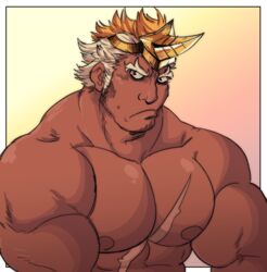  1boy :/ abs bara dark-skinned_male dark_skin facial_hair fire_emblem fire_emblem_heroes helbindi_(fire_emblem) highres horns juggermelon large_pectorals male_focus medium_sideburns multicolored_hair muscular muscular_male nude orange_hair pectorals quads short_hair sideburns_stubble single_horn solo stubble sweatdrop thick_arms two-tone_hair upper_body white_hair 