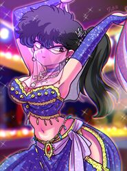  armpit_peek arms_up belly_dancing belt black_hair blurry blurry_background breasts bridal_gauntlets choker cleavage dancer dancing earrings eyeshadow female frilled_bustier gloves gold_belt gold_necklace grey_eyes hair_ornament harem_outfit highres hip_vent jewelry kunou_kodachi large_breasts looking_at_viewer loose_skirt makeup mouth_veil narrow_waist navel necklace pearl_earrings pink_eyeshadow purple_belt purple_bridal_gauntlets purple_bustier purple_choker purple_gloves purple_skirt ranma_1/2 side_ponytail signature silk skirt sparkle sparkle_print veil waist_jewel wanta_(futoshi) wide_hips 