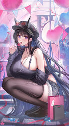  alternate_breast_size arm_warmers azur_lane bag balloon black_arm_warmers black_choker black_footwear black_hair black_hat black_shirt black_thighhighs breasts candy choker cleavage commentary_request detached_sleeves eyewear_on_headwear female food grey_shorts hat heart_balloon highres holding holding_candy holding_food holding_lollipop horns horns_through_headwear huge_breasts lollipop long_hair looking_at_viewer noshiro_(azur_lane) noshiro_(dressed-up_date)_(azur_lane) official_alternate_costume official_alternate_hairstyle open_mouth purple_eyes round_eyewear saliva saliva_trail shirt shopping_bag shorts single-shoulder_shirt single_bare_shoulder single_detached_sleeve solo squatting striped_arm_warmers striped_clothes striped_shirt tansuan_(ensj3875) thick_thighs thighhighs thighs tongue tongue_out torn_clothes torn_thighhighs vertical-striped_clothes vertical-striped_shirt very_long_hair wrapped_candy 