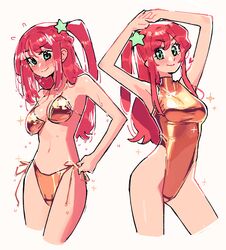  absurdres arms_up bikini breasts cleavage collared_one-piece_swimsuit commentary english_commentary female gold_bikini gold_one-piece_swimsuit green_eyes hair_ornament highleg_one-piece_swimsuit highres kaatokun long_hair looking_at_viewer lyra_(kaatokun) multiple_views navel one-piece_swimsuit original red_hair side-tie_bikini_bottom side_ponytail sidelocks simple_background sparkle standing star_(symbol) star_hair_ornament swimsuit water_drop wet white_background 