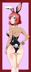  :o absurdres alternate_breast_size alternate_costume animal_ears ass backless_leotard bare_arms bare_legs bare_shoulders black_hairband blush body_blush border breasts cowboy_shot dorsalecart fake_animal_ears female from_behind hairband hand_on_own_hip highres large_breasts leotard looking_at_viewer looking_back love_live! love_live!_school_idol_project medium_hair nishikino_maki open_mouth playboy_bunny purple_eyes rabbit_ears rabbit_tail red_border red_hair solo tail thigh_gap thighs wrist_cuffs 