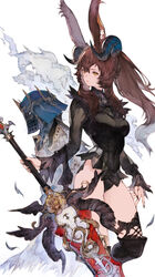  1other animal_ears black_leotard black_nails boots breasts brown_hair colored_tips commentary commission dark_knight_(final_fantasy) female final_fantasy final_fantasy_xiv fray_myste freckles highleg highleg_leotard highres holding holding_sword holding_weapon kemomin_nosuke leotard long_hair long_sleeves looking_to_the_side medium_breasts multicolored_hair rabbit_ears skeb_commission sword thigh_boots viera warrior_of_light_(ff14) weapon yellow_eyes 