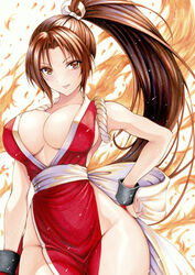  bare_arms breasts brown_eyes brown_hair closed_mouth fatal_fury female fire groin hair_intakes hand_on_own_hip high_ponytail highres japanese_clothes kimono large_breasts light_smile looking_at_viewer midriff_peek ninja no_bra parted_bangs pelvic_curtain plunging_neckline ponytail red_kimono sash shiranui_mai side_slit solo the_king_of_fighters thighs traditional_media wrist_cuffs yosaku_vs_hina 