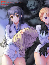  2girls ass_visible_through_thighs bigpink black_hair blonde_hair blue_necktie bow bow_panties closed_mouth clothes_pull commentary_request crotch_seam dated dress_shirt frown ghost hair_ornament hasumi_elan long_hair long_sleeves mieruko-chan multiple_girls necktie no_pants panties parted_lips partial_commentary polka_dot polka_dot_panties purple_eyes school_uniform shirt short_hair smile sweater sweater_pull underwear undressing wanashiro_giovanna white_panties white_shirt wing_collar x_hair_ornament yellow_eyes yellow_sweater yotsuya_miko yurikawa_hana 