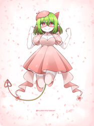  absurdres beret breasts choker cleavage colored_skin demon_girl demon_tail dress earrings english_commentary female flower flower_earrings funamusea gradient_background gradient_tail green_hair green_tail haiiro_teien hat highres horns jewelry jumping large_breasts neck_flower pantyhose pink_background pink_choker pink_dress pink_eyes pink_flower pink_footwear pink_hat pink_pantyhose pink_petals pointy_ears puffy_short_sleeves puffy_sleeves red-framed_eyewear red_tail redscarfy semi-rimless_eyewear short_hair short_sleeves sidelocks single_horn smile solo tail twitter_username white_background white_skin yosafire_(funamusea) 