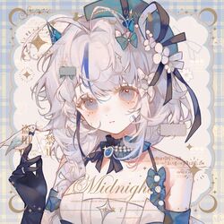  antenna_hair aqua_bow aqua_hat bad_bcy_id bad_id bare_shoulders bead_choker beret bird bird_on_hand black_bow black_bowtie black_gloves black_ribbon blue_border blue_choker blue_eyes blue_gemstone blue_hair blue_sleeves border bow bowtie breasts brooch chinese_commentary choker cleavage commentary_request crescent detached_sleeves dress eyelashes female flower frilled_choker frills gem gloves grey_hair hair_flower hair_ornament hair_ribbon hairbow hand_up hat jewelry large_breasts light_blush looking_at_viewer medium_hair multicolored_hair multiple_hair_bows original outside_border parted_lips plaid_border ribbon ring sample_watermark simple_background sleeveless sleeveless_dress solo spaghetti_strap sparkle streaked_hair too_many_watermarks traditional_bowtie upper_body watermark white_background white_bird white_bow white_dress white_flower xi_guapi 