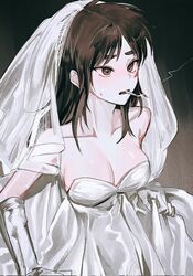  black_background breasts bridal_veil brown_background brown_eyes brown_hair cigarette cleavage commentary_request cowboy_shot dress elbow_gloves female genderswap_(mtf) gloves gradient_background highres itou_kaiji kaiji large_breasts long_hair looking_afar medium_bangs open_mouth rule_63 siho_is_alien smoking solo strapless strapless_dress veil wedding_dress white_dress white_gloves 