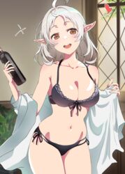  absurdres ahoge alternate_breast_size bare_shoulders bikini black_bikini bottle breasts brown_eyes commentary cowboy_shot elf female front-tie_bikini_top front-tie_top grey_hair halterneck heart highres holding holding_bottle indoors large_breasts legs_together light_blush long_pointy_ears looking_at_viewer medium_hair morime mushoku_tensei navel open_clothes open_mouth open_shirt pointy_ears shirt side-tie_bikini_bottom smile solo standing stomach swimsuit sylphiette_(mushoku_tensei) teeth upper_teeth_only white_shirt window 