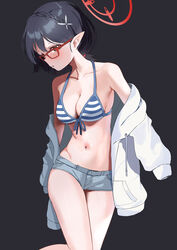  absurdres ayane_(blue_archive) ayane_(swimsuit)_(blue_archive) bikini black_hair blue_archive blue_shorts blush breasts cleavage collarbone feet_out_of_frame female glasses halo highres jacket large_breasts mochini navel official_alternate_costume open_clothes open_jacket parted_lips pointy_ears red-framed_eyewear red_halo short_hair short_shorts shorts sleeves_past_fingers sleeves_past_wrists solo striped_bikini striped_clothes swimsuit white_jacket yellow_eyes 