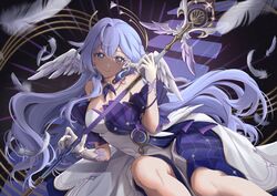  aqua_eyes bare_shoulders blue_hair choker commentary dress female hair_intakes head_wings highres holding holding_staff honkai:_star_rail honkai_(series) laubun long_hair looking_at_viewer off-shoulder_dress off_shoulder purple_choker purple_dress robin_(honkai:_star_rail) short_sleeves solo staff two-tone_dress very_long_hair white_dress wings 