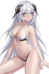  absurdres bikini blush breasts cleavage collarbone constantine-xii eyeliner female girls&#039;_frontline groin hair_between_eyes headgear highres kneeling makeup medium_breasts navel nyto_(girls&#039;_frontline) open_mouth paradeus red_eyeliner revision solo swimsuit tareus_(girls&#039;_frontline) white_hair yellow_eyes 