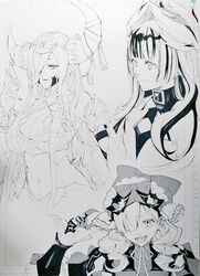  3girls armor asymmetrical_horns bare_shoulders breasts dragon_girl dragon_horns drill_hair fire_emblem fire_emblem_engage frilled_headwear greyscale hair_over_one_eye horns konnichi_warou large_breasts marni_(fire_emblem) monochrome multicolored_hair multiple_girls split-color_hair uneven_horns veyle_(fire_emblem) zephia_(fire_emblem) 