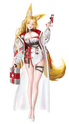  absurdres animal_ear_fluff animal_ears belt belt_buckle black_belt blonde_hair breasts buckle bullet cleavage coat dress egoswans eyelashes female first_aid_kit fox_ears fox_girl fox_tail full_body gun high_heels highres holding holding_gun holding_weapon hourglass large_breasts long_coat long_hair long_sleeves looking_at_viewer oerba_yun_fang open_mouth original parted_bangs see-through simple_background solo tail teeth thigh_strap tongue upper_teeth_only weapon white_background white_coat yellow_eyes yellow_tail zipper 