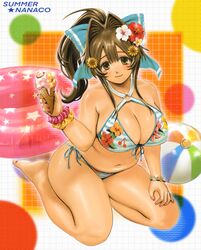  aqua_bow ball bare_legs bare_shoulders barefoot beachball bikini blush bow breasts brown_eyes brown_hair character_name cleavage female flower food front-tie_bikini_top front-tie_top hair_flower hair_ornament hairbow halftone highres holding holding_food hott0g111 ice_cream_cone innertube large_breasts long_hair looking_at_viewer nanaco_(hott0g111) navel o-ring o-ring_top original plump ponytail print_bikini red_flower side-tie_bikini_bottom smile solo swim_ring swimsuit white_flower yellow_flower 