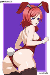  absurdres alternate_costume animal_ears artist_name ass backless_leotard bare_shoulders black_thighhighs blush border breasts dorsalecart fake_animal_ears fake_tail female from_behind hairband highres leaning_forward leotard looking_at_viewer looking_back love_live! love_live!_school_idol_project medium_breasts medium_hair nishikino_maki open_mouth playboy_bunny purple_background purple_eyes rabbit_ears rabbit_tail red_hair red_hairband red_leotard shoulder_blush solo tail thigh_gap thighhighs v-shaped_eyebrows white_border wrist_cuffs 