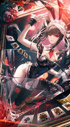  absurdres ace_(playing_card) ace_of_spades animal_ear_hairband animal_ears black_hair black_leotard black_nails black_thighhighs blood blood_on_flower blunt_bangs bow breasts card celestia_ludenberg covered_navel danganronpa:_trigger_happy_havoc danganronpa_(series) detached_collar drill_hair fake_animal_ears female fingernails fishnets flower frilled_wrist_cuffs frills garter_straps glass hair_ornament hairband hairbow hand_up highres jack_(playing_card) jack_of_spades junpaku_karen king_(playing_card) king_of_spades lace leaf leg_up leotard light long_hair looking_at_viewer medium_breasts nail_polish necktie parted_lips picture_frame playboy_bunny playing_card queen_(playing_card) queen_of_spades rabbit_ear_hairband rabbit_ears red_eyes red_flower red_necktie red_rose rose royal_flush short_sleeves spade_(shape) ten_of_spades thighhighs twintails very_long_hair water_drop white_bow white_hair_ribbon wrist_cuffs 