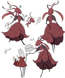  2024 arthropod artist_name black_arms black_body black_eyes black_legs black_text carmelita_(hollow_knight:_silksong) cloak closed_eyes clothing dialogue digital_media_(artwork) dress duo ekkopiee eyelashes female hi_res holding_melee_weapon holding_object holding_sword holding_weapon hollow_knight hollow_knight:_silksong hornet_(hollow_knight) looking_at_another melee_weapon nail_(weapon) narrowed_eyes question_mark red_cloak red_clothing red_dress simple_background size_difference smaller_female speech_bubble standing sword team_cherry text weapon white_background 