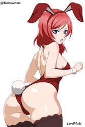  absurdres alternate_costume animal_ears artist_name ass backless_leotard bare_shoulders black_thighhighs blush breasts dorsalecart fake_animal_ears fake_tail female from_behind hairband highres leaning_forward leotard looking_at_viewer looking_back love_live! love_live!_school_idol_project medium_breasts medium_hair nishikino_maki open_mouth playboy_bunny purple_eyes rabbit_ears rabbit_tail red_hair red_hairband red_leotard shoulder_blush simple_background solo tail thigh_gap thighhighs v-shaped_eyebrows white_background wrist_cuffs 