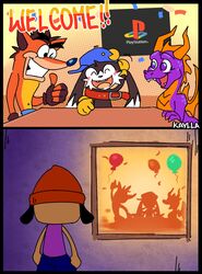  activision anthro balloon bandai_namco bandicoot beanie canid canine canis claws clothed clothing confetti crash_(series) crash_bandicoot crossover digital_media_(artwork) domestic_cat domestic_dog dragon european_mythology felid feline felis feral fingerless_gloves fingers fur gesture gloves group hand_gesture handwear hat headgear headwear hi_res horn inflatable kayllacat klonoa klonoa_(series) male mammal marsupial membrane_(anatomy) mythological_creature mythological_scalie mythology open_mouth open_smile parappa parappa_the_rapper rear_view scalie smile sony_corporation sony_interactive_entertainment spyro spyro_the_dragon text thumbs_up western_dragon window wings 