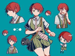  :o arm_up bare_arms bare_legs black_socks blue_background camera camera_around_neck chibi chibi_inset closed_eyes closed_mouth collage collared_shirt commentary_request cowboy_shot danganronpa_(series) danganronpa_2:_goodbye_despair dress feet_out_of_frame female freckles full_body gingham_necktie green_dress green_eyes hand_on_own_cheek hand_on_own_face happy holding holding_paper kiri_(2htkz) kneehighs koizumi_mahiru looking_at_object looking_at_viewer looking_down multiple_views necktie open_mouth paper parted_lips pinafore_dress pleated_dress profile red_hair red_necktie shirt short_hair short_sleeves simple_background sleeveless sleeveless_dress smile socks strap surprised teeth upper_body upper_teeth_only white_shirt 