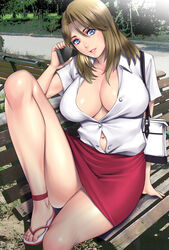  bag blonde_hair blue_eyes breasts female fingernails hair_between_eyes highres holding holding_phone knee_up large_breasts legs long_hair looking_at_viewer miniskirt nail_polish navel on_bench original outdoors pencil_skirt phone photo_background red_nails saigado sandals shirt short_sleeves shoulder_bag sitting skirt smile solo talking_on_phone toenail_polish toenails white_shirt 