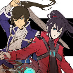  2boys black_hair blue_eyes brown_hair coat crossover english_commentary flynn_(megami_tensei) gauntlets green_eyes gzei highres jacket long_hair look-alike looking_at_viewer male_focus multiple_boys noah_(xenoblade) ponytail samurai shin_megami_tensei shin_megami_tensei_iv short_hair sword trait_connection veiled_sword_(xenoblade) weapon xenoblade_chronicles_(series) xenoblade_chronicles_3 yellow_eyes 