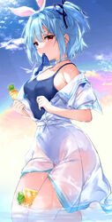  animal_ears blue_hair blue_one-piece_swimsuit blue_ribbon blue_sky chiyingzai cloud commentary dress fake_animal_ears female hair_between_eyes hair_ribbon highres hololive kneeling looking_at_viewer mouth_hold no_shoes off_shoulder official_alternate_costume official_alternate_hair_length official_alternate_hairstyle one-piece_swimsuit outdoors puffy_short_sleeves puffy_sleeves rabbit_ears red_eyes ribbon school_swimsuit see-through shallow_water short_eyebrows short_hair short_sleeves sky socks solo swimsuit swimsuit_under_clothes thick_eyebrows two_side_up usada_pekora usada_pekora_(casual) virtual_youtuber water wet wet_clothes wet_dress white_dress white_socks 